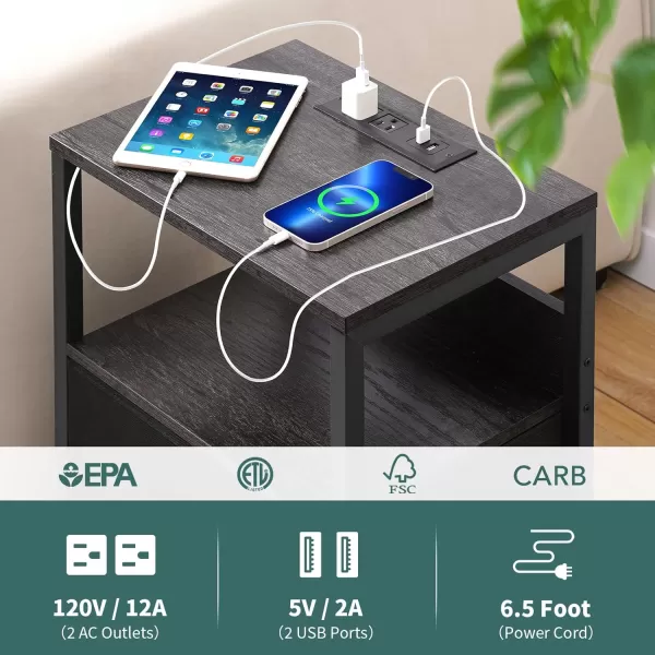 Yoobure Nightstand with Charging Station LED Night Stand with Fabric Drawers and Storage Shelf for Bedroom Nightstands Bedside Tables with USB Ports ampamp Outlets Small Night Stands Bed Side TableCharcoal GrayBlack