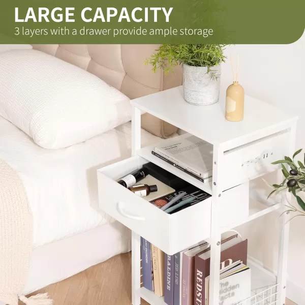 Yoobure Side Table  Night Stand with Charger Station ampamp LED Light 3 Tier Small End Table Living Room Bedside Table with Drawer Record Player Stand with Vinyl Storage White Nightstand for BedroomWhite