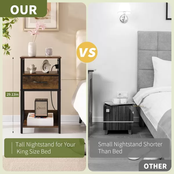 Yoobure Side Table  Night Stand with Charger Station ampamp LED Light 3 Tier Small End Table Living Room Bedside Table with Drawer Record Player Stand with Vinyl Storage White Nightstand for BedroomRustic Brown