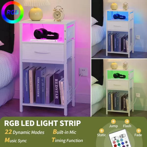 Yoobure Side Table  Night Stand with Charger Station ampamp LED Light 3 Tier Small End Table Living Room Bedside Table with Drawer Record Player Stand with Vinyl Storage White Nightstand for BedroomWhite