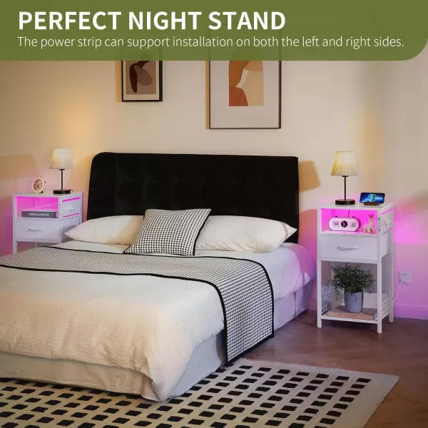 Yoobure Side Table  Night Stand with Charger Station ampamp LED Light 3 Tier Small End Table Living Room Bedside Table with Drawer Record Player Stand with Vinyl Storage White Nightstand for BedroomWhite