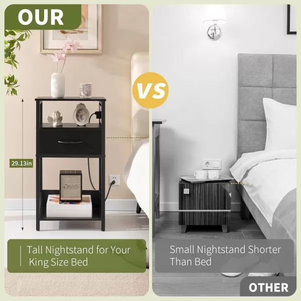 Yoobure Side Table  Night Stand with Charger Station ampamp LED Light 3 Tier Small End Table Living Room Bedside Table with Drawer Record Player Stand with Vinyl Storage White Nightstand for BedroomBlack