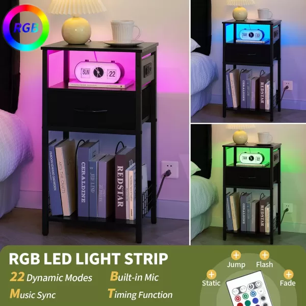 Yoobure Side Table  Night Stand with Charger Station ampamp LED Light 3 Tier Small End Table Living Room Bedside Table with Drawer Record Player Stand with Vinyl Storage White Nightstand for BedroomBlack