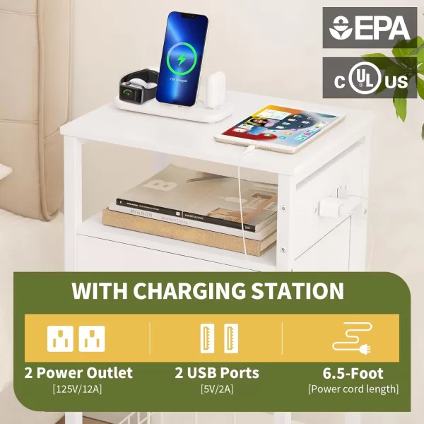 Yoobure Side Table  Night Stand with Charger Station ampamp LED Light 3 Tier Small End Table Living Room Bedside Table with Drawer Record Player Stand with Vinyl Storage White Nightstand for BedroomWhite