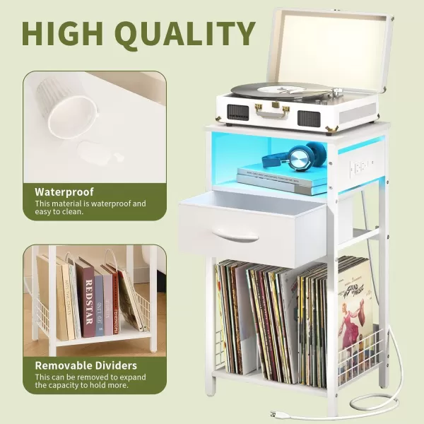 Yoobure Side Table  Night Stand with Charger Station ampamp LED Light 3 Tier Small End Table Living Room Bedside Table with Drawer Record Player Stand with Vinyl Storage White Nightstand for BedroomWhite