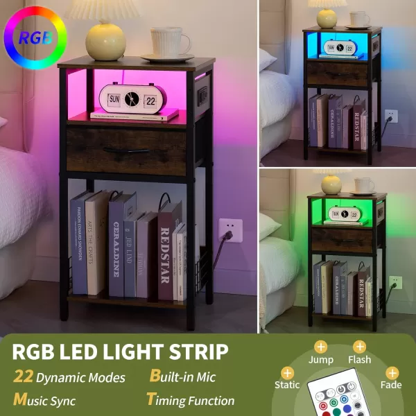 Yoobure Side Table  Night Stand with Charger Station ampamp LED Light 3 Tier Small End Table Living Room Bedside Table with Drawer Record Player Stand with Vinyl Storage White Nightstand for BedroomRustic Brown