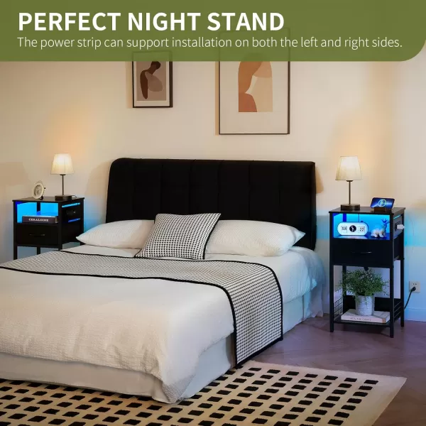 Yoobure Side Table  Night Stand with Charger Station ampamp LED Light 3 Tier Small End Table Living Room Bedside Table with Drawer Record Player Stand with Vinyl Storage White Nightstand for BedroomBlack