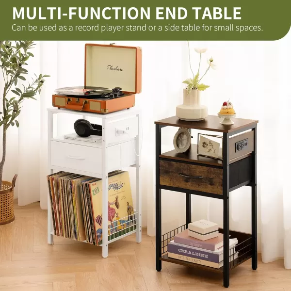 Yoobure Side Table  Night Stand with Charger Station ampamp LED Light 3 Tier Small End Table Living Room Bedside Table with Drawer Record Player Stand with Vinyl Storage White Nightstand for BedroomRustic Brown