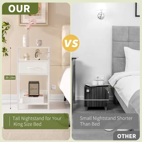 Yoobure Side Table  Night Stand with Charger Station ampamp LED Light 3 Tier Small End Table Living Room Bedside Table with Drawer Record Player Stand with Vinyl Storage White Nightstand for BedroomWhite