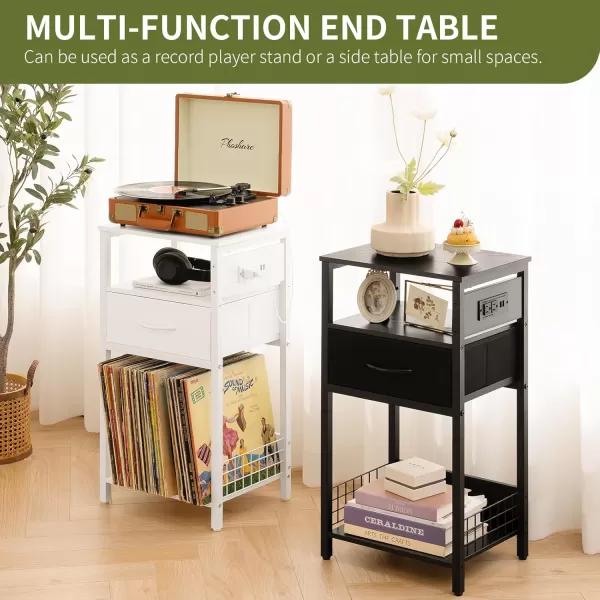 Yoobure Side Table  Night Stand with Charger Station ampamp LED Light 3 Tier Small End Table Living Room Bedside Table with Drawer Record Player Stand with Vinyl Storage White Nightstand for BedroomBlack