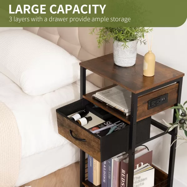 Yoobure Side Table  Night Stand with Charger Station ampamp LED Light 3 Tier Small End Table Living Room Bedside Table with Drawer Record Player Stand with Vinyl Storage White Nightstand for BedroomRustic Brown
