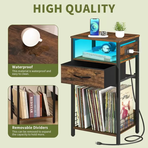 Yoobure Side Table  Night Stand with Charger Station ampamp LED Light 3 Tier Small End Table Living Room Bedside Table with Drawer Record Player Stand with Vinyl Storage White Nightstand for BedroomRustic Brown