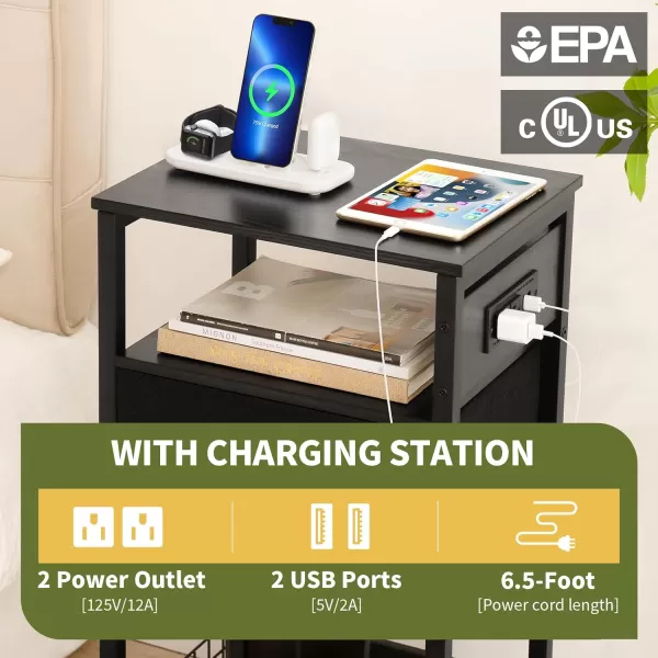 Yoobure Side Table  Night Stand with Charger Station ampamp LED Light 3 Tier Small End Table Living Room Bedside Table with Drawer Record Player Stand with Vinyl Storage White Nightstand for BedroomBlack