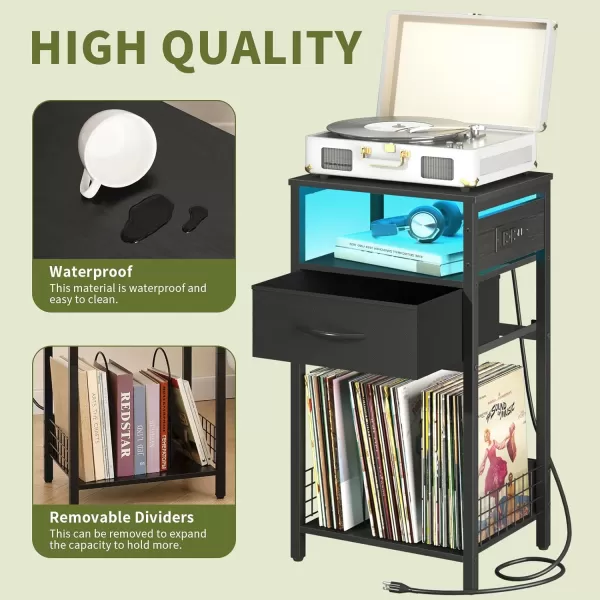 Yoobure Side Table  Night Stand with Charger Station ampamp LED Light 3 Tier Small End Table Living Room Bedside Table with Drawer Record Player Stand with Vinyl Storage White Nightstand for BedroomBlack