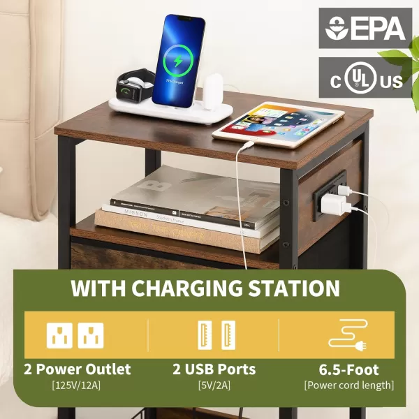 Yoobure Side Table  Night Stand with Charger Station ampamp LED Light 3 Tier Small End Table Living Room Bedside Table with Drawer Record Player Stand with Vinyl Storage White Nightstand for BedroomRustic Brown