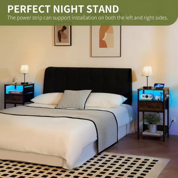 Yoobure Side Table  Night Stand with Charger Station ampamp LED Light 3 Tier Small End Table Living Room Bedside Table with Drawer Record Player Stand with Vinyl Storage White Nightstand for BedroomRustic Brown