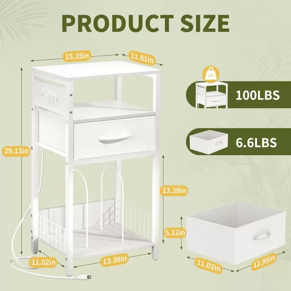 Yoobure Side Table  Night Stand with Charger Station ampamp LED Light 3 Tier Small End Table Living Room Bedside Table with Drawer Record Player Stand with Vinyl Storage White Nightstand for BedroomWhite