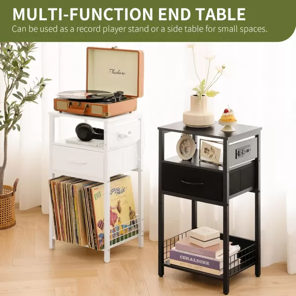 Yoobure Side Table  Night Stand with Charger Station ampamp LED Light 3 Tier Small End Table Living Room Bedside Table with Drawer Record Player Stand with Vinyl Storage White Nightstand for BedroomWhite