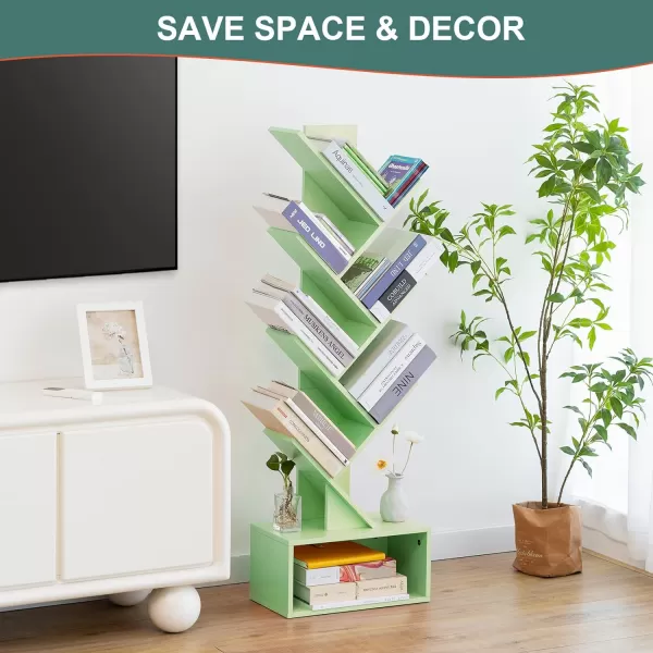 Yoobure Tree Bookshelf  6 Shelf Retro Floor Standing Bookcase Tall Wood Book Storage Rack for CDsMoviesBooks Utility Book Organizer Shelves for Bedroom Living Room Home OfficeGreen