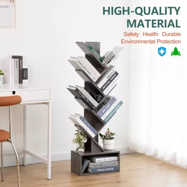 Yoobure Tree Bookshelf  6 Shelf Retro Floor Standing Bookcase Tall Wood Book Storage Rack for CDsMoviesBooks Utility Book Organizer Shelves for Bedroom Living Room Home OfficeGrey