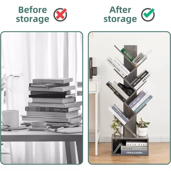 Yoobure Tree Bookshelf  6 Shelf Retro Floor Standing Bookcase Tall Wood Book Storage Rack for CDsMoviesBooks Utility Book Organizer Shelves for Bedroom Living Room Home OfficeGrey