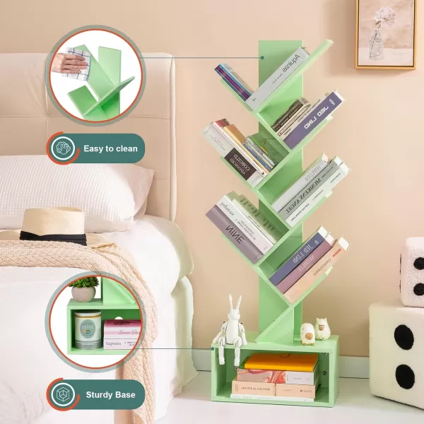 Yoobure Tree Bookshelf  6 Shelf Retro Floor Standing Bookcase Tall Wood Book Storage Rack for CDsMoviesBooks Utility Book Organizer Shelves for Bedroom Living Room Home OfficeGreen