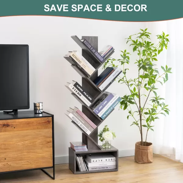 Yoobure Tree Bookshelf  6 Shelf Retro Floor Standing Bookcase Tall Wood Book Storage Rack for CDsMoviesBooks Utility Book Organizer Shelves for Bedroom Living Room Home OfficeGrey