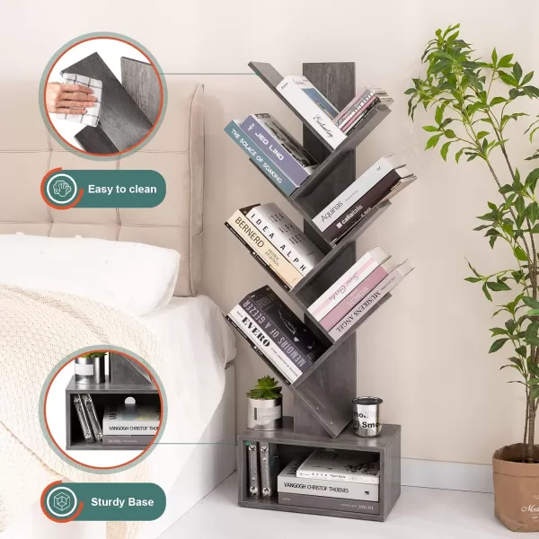 Yoobure Tree Bookshelf  6 Shelf Retro Floor Standing Bookcase Tall Wood Book Storage Rack for CDsMoviesBooks Utility Book Organizer Shelves for Bedroom Living Room Home OfficeGrey