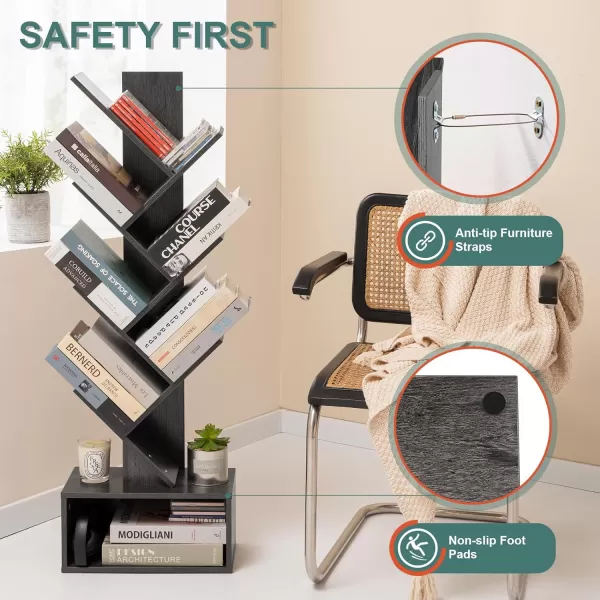Yoobure Tree Bookshelf  6 Shelf Retro Floor Standing Bookcase Tall Wood Book Storage Rack for CDsMoviesBooks Utility Book Organizer Shelves for Bedroom Living Room Home OfficeCharcoal Gray