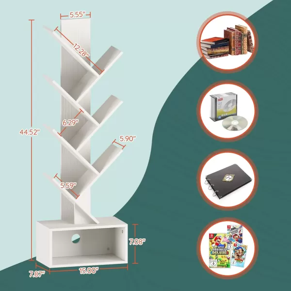 Yoobure Tree Bookshelf  6 Shelf Retro Floor Standing Bookcase Tall Wood Book Storage Rack for CDsMoviesBooks Utility Book Organizer Shelves for Bedroom Living Room Home OfficeWhite