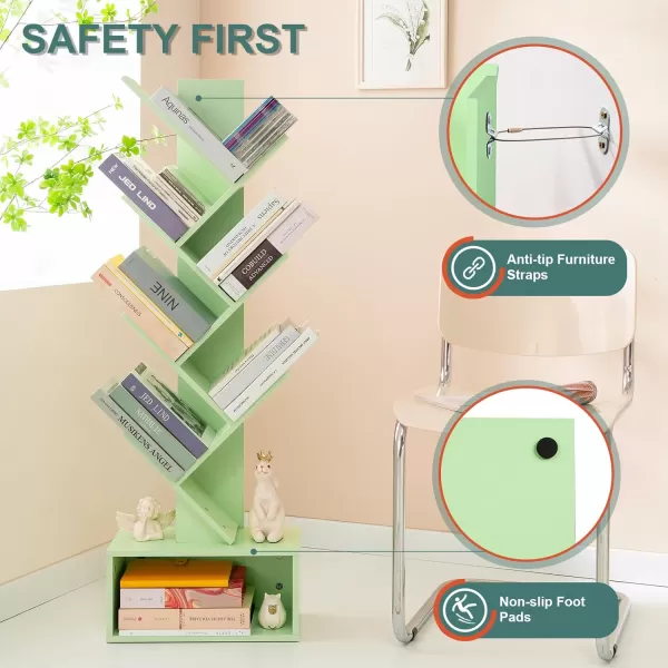 Yoobure Tree Bookshelf  6 Shelf Retro Floor Standing Bookcase Tall Wood Book Storage Rack for CDsMoviesBooks Utility Book Organizer Shelves for Bedroom Living Room Home OfficeGreen