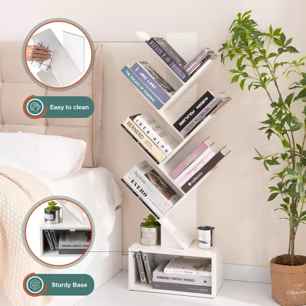 Yoobure Tree Bookshelf  6 Shelf Retro Floor Standing Bookcase Tall Wood Book Storage Rack for CDsMoviesBooks Utility Book Organizer Shelves for Bedroom Living Room Home OfficeWhite