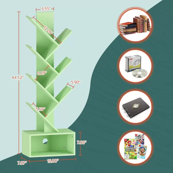 Yoobure Tree Bookshelf  6 Shelf Retro Floor Standing Bookcase Tall Wood Book Storage Rack for CDsMoviesBooks Utility Book Organizer Shelves for Bedroom Living Room Home OfficeGreen