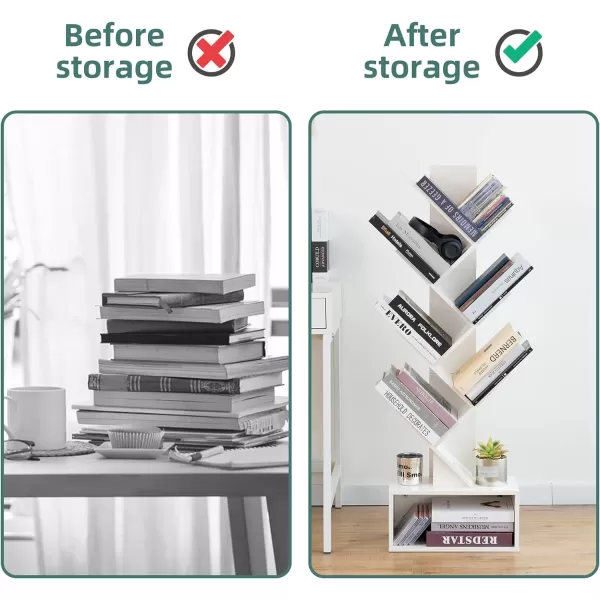 Yoobure Tree Bookshelf  6 Shelf Retro Floor Standing Bookcase Tall Wood Book Storage Rack for CDsMoviesBooks Utility Book Organizer Shelves for Bedroom Living Room Home OfficeWhite
