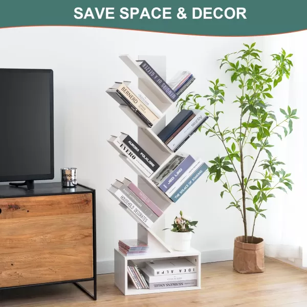Yoobure Tree Bookshelf  6 Shelf Retro Floor Standing Bookcase Tall Wood Book Storage Rack for CDsMoviesBooks Utility Book Organizer Shelves for Bedroom Living Room Home OfficeWhite