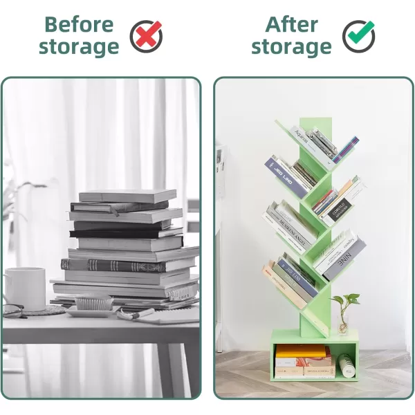 Yoobure Tree Bookshelf  6 Shelf Retro Floor Standing Bookcase Tall Wood Book Storage Rack for CDsMoviesBooks Utility Book Organizer Shelves for Bedroom Living Room Home OfficeGreen