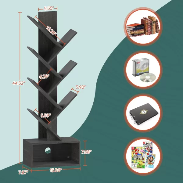 Yoobure Tree Bookshelf  6 Shelf Retro Floor Standing Bookcase Tall Wood Book Storage Rack for CDsMoviesBooks Utility Book Organizer Shelves for Bedroom Living Room Home OfficeCharcoal Gray