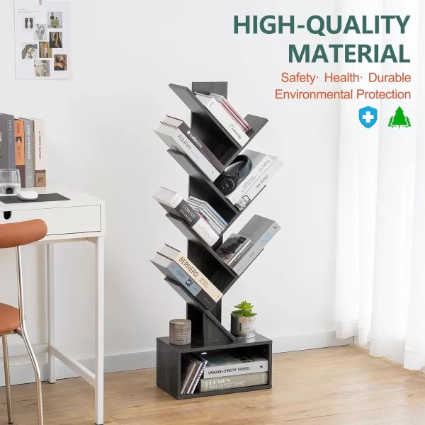 Yoobure Tree Bookshelf  6 Shelf Retro Floor Standing Bookcase Tall Wood Book Storage Rack for CDsMoviesBooks Utility Book Organizer Shelves for Bedroom Living Room Home OfficeCharcoal Gray