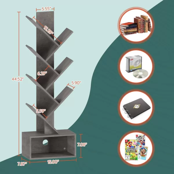 Yoobure Tree Bookshelf  6 Shelf Retro Floor Standing Bookcase Tall Wood Book Storage Rack for CDsMoviesBooks Utility Book Organizer Shelves for Bedroom Living Room Home OfficeGrey