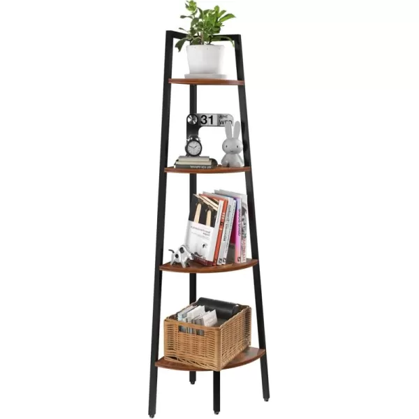 Yoobure 4Tier Corner Bookshelf with Metal Frame  Ladder Display Shelf for Bedroom and Living Room Tall Wood Corner Bookcase and Plant StandBerry Brown