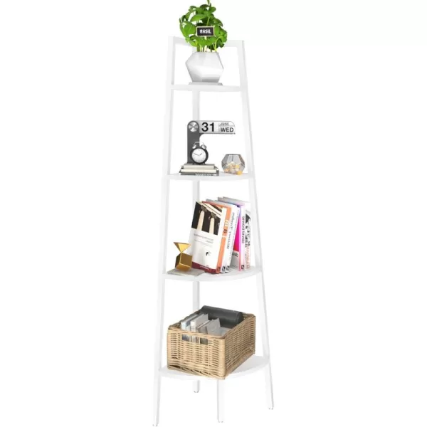 Yoobure 4Tier Corner Bookshelf with Metal Frame  Ladder Display Shelf for Bedroom and Living Room Tall Wood Corner Bookcase and Plant StandWhite
