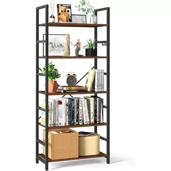 Yoobure 5 Tier Bookshelf  Tall Book Shelf Modern Bookcase for CDsMoviesBooks Rustic Book Case Industrial Bookshelves Book Storage Organizer for Bedroom Home Office Living Room BrownRustic Brown