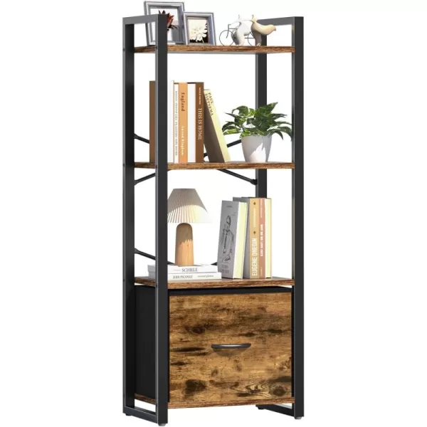 Yoobure Bookshelf 4 Tier Book Shelf with Drawer Small Bookcase Narrow Book Case Industrial Bookshelves Shelf for Bedroom Living Room Office Book Storage Organizer for CDMovie Rustic BrownRustic Brown