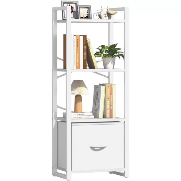Yoobure Bookshelf 4 Tier Book Shelf with Drawer Small Bookcase Narrow Book Case Industrial Bookshelves Shelf for Bedroom Living Room Office Book Storage Organizer for CDMovie Rustic BrownWhite