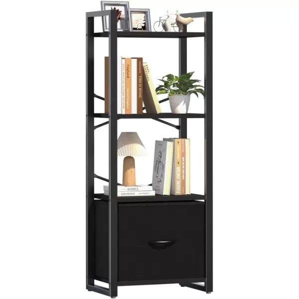 Yoobure Bookshelf 4 Tier Book Shelf with Drawer Small Bookcase Narrow Book Case Industrial Bookshelves Shelf for Bedroom Living Room Office Book Storage Organizer for CDMovie Rustic BrownBlack