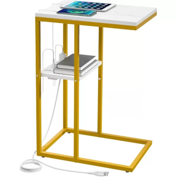 Yoobure C Shaped End Table with Charging Station for Living Room Bedroom Sofa Table with USB Ports and Outlets for Small Spaces C Couch Rustic Snack Bed TableMarble White