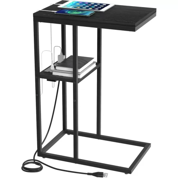 Yoobure C Shaped End Table with Charging Station for Living Room Bedroom Sofa Table with USB Ports and Outlets for Small Spaces C Couch Rustic Snack Bed TableBlack