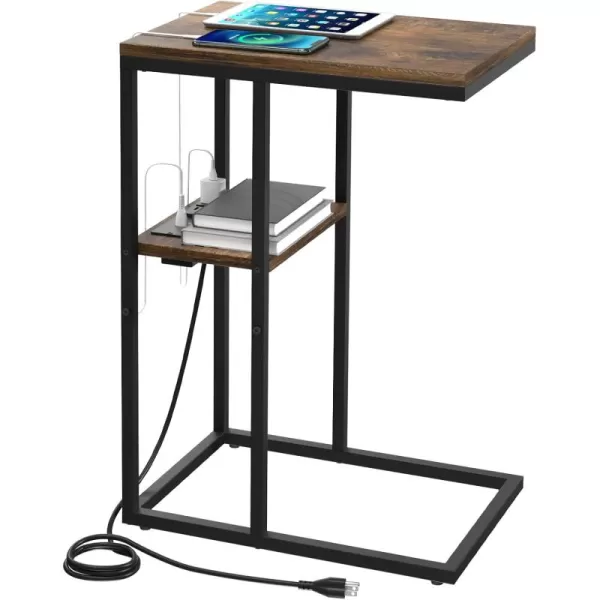 Yoobure C Shaped End Table with Charging Station for Living Room Bedroom Sofa Table with USB Ports and Outlets for Small Spaces C Couch Rustic Snack Bed TableRustic Brown