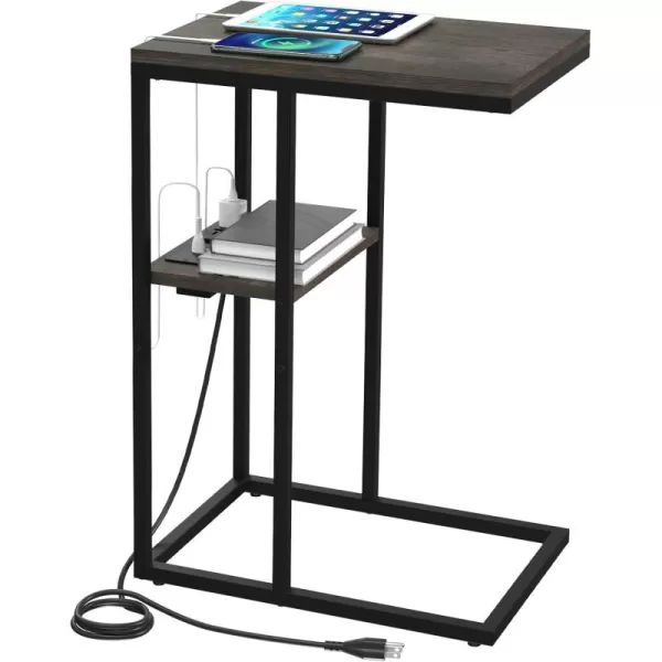 Yoobure C Shaped End Table with Charging Station for Living Room Bedroom Sofa Table with USB Ports and Outlets for Small Spaces C Couch Rustic Snack Bed TableCharcoal Gray