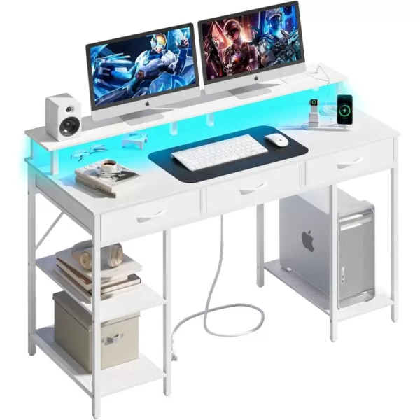 Yoobure Computer Desk with Drawers Office Desk with LED Lights ampamp Outlets Small Desk with Storage Shelves Gaming Desk 48quot Home Office Desks with Monitor Stand Writing Desk for Bedroom Small SpacesWhite